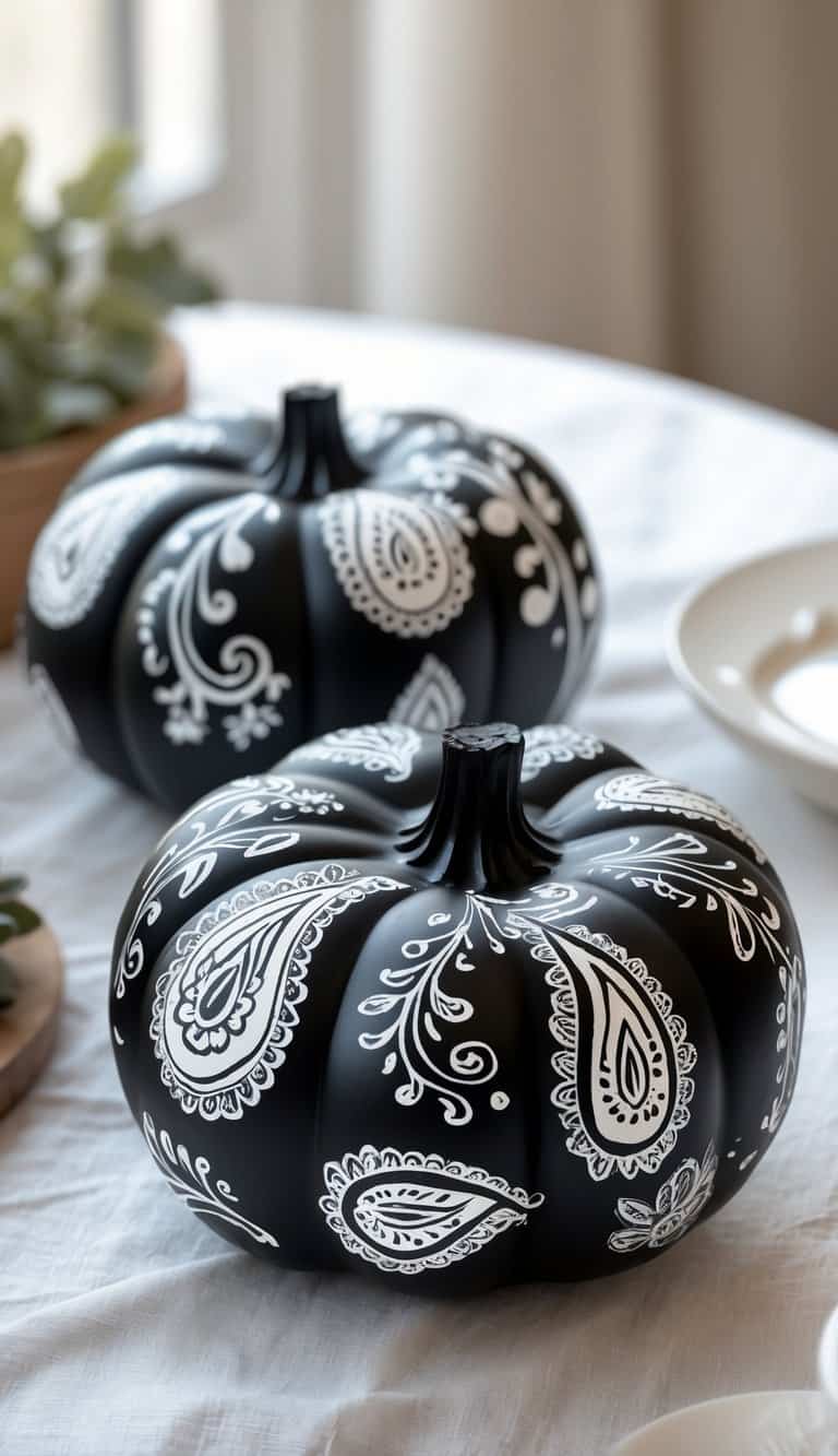 Close-up of one or two black pumpkins painted with white paisley patterns on a tabletop.