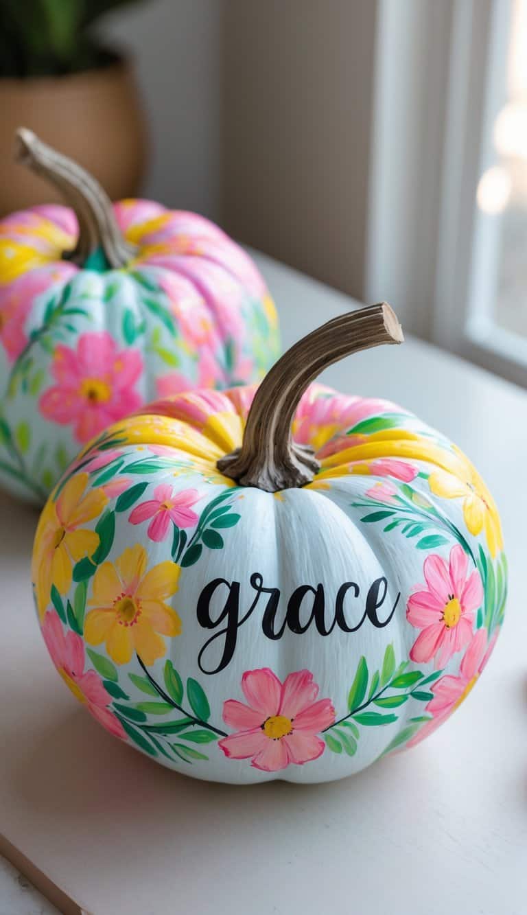 One to two painted pumpkins with colorful floral designs displayed on a clean tabletop.