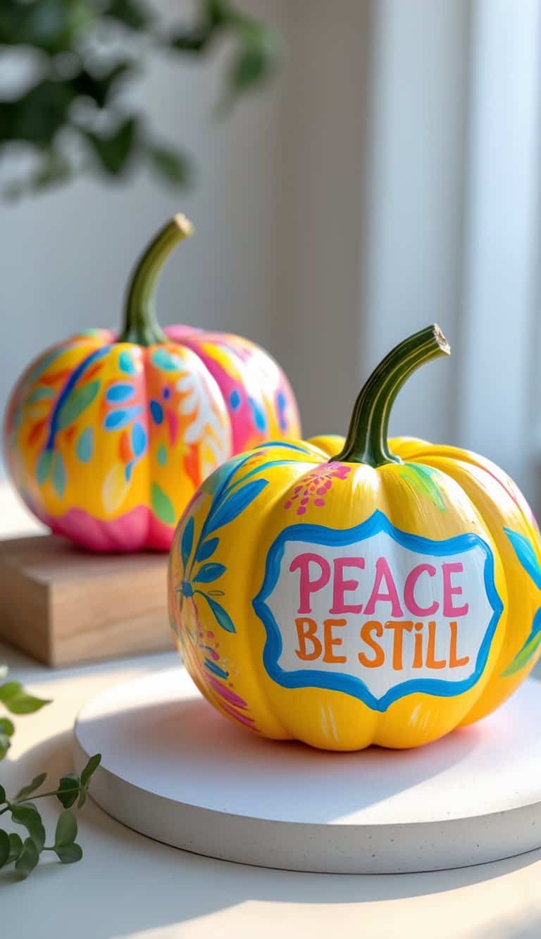 One to two brightly painted pumpkins with Christian-themed designs on a clean tabletop under soft daylight.