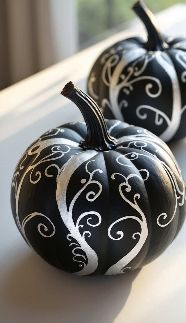 One or two black pumpkins painted with silver swirling vine patterns placed on a simple tabletop.