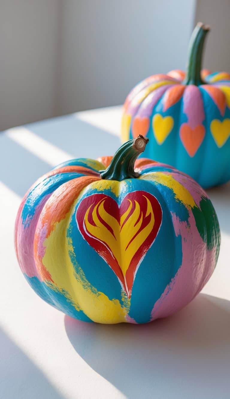 One or two pumpkins painted with colorful flaming heart designs placed on a tabletop.