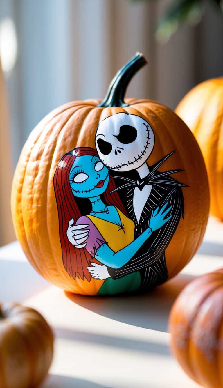 One or two pumpkins painted with a detailed scene of Jack and Sally hugging.
