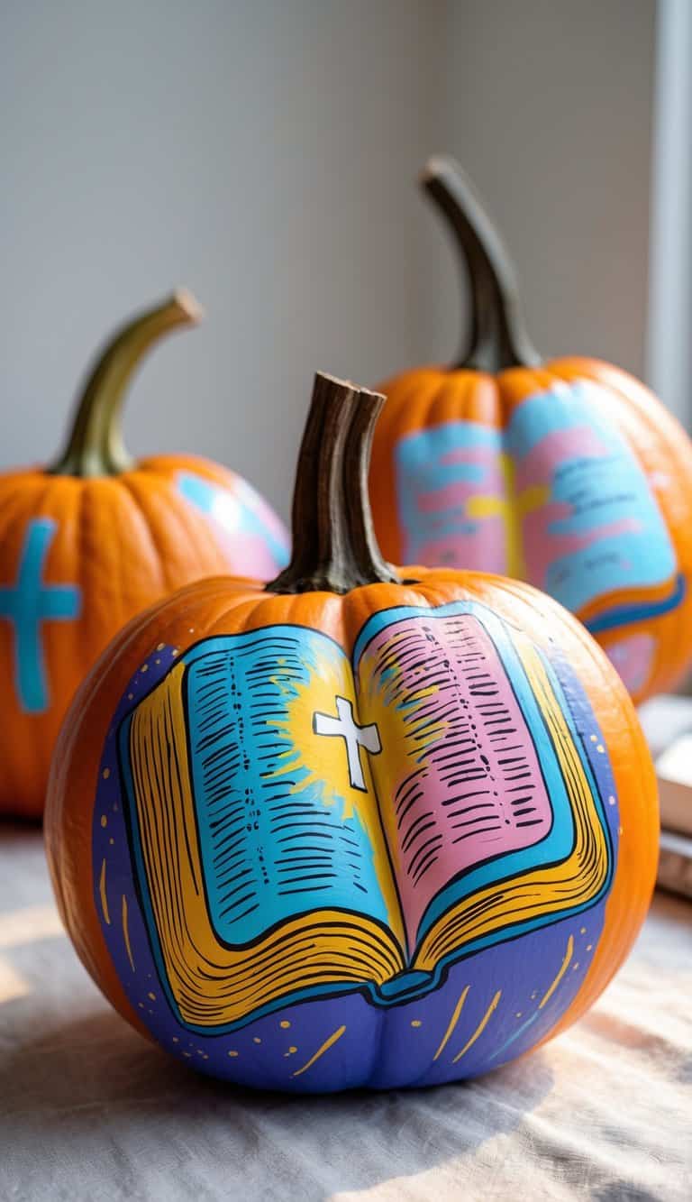 Close-up of one or two pumpkins painted with colorful Christian designs featuring an open Bible and light rays on a plain tabletop.