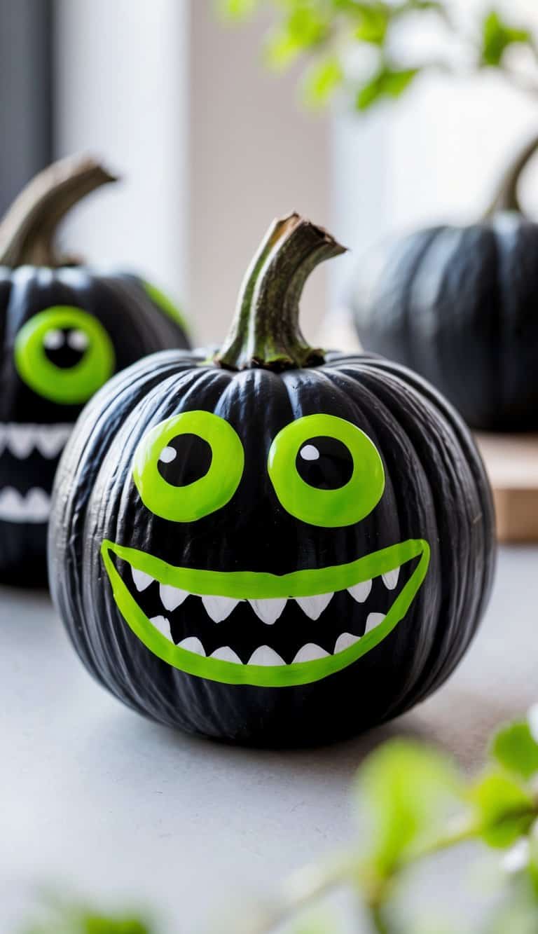 One or two black pumpkins painted with bright green monster eyes and mouth on a tabletop.