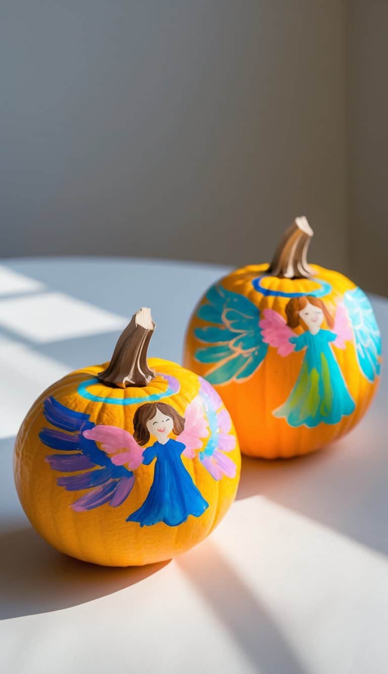 One or two small pumpkins painted with angel wings and halos, placed on a clean tabletop with soft daylight.