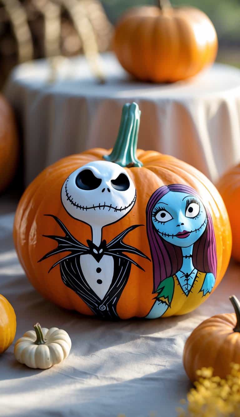 Close-up of one or two painted pumpkins inspired by Jack and Sally, surrounded by a small pumpkin patch on a tabletop.