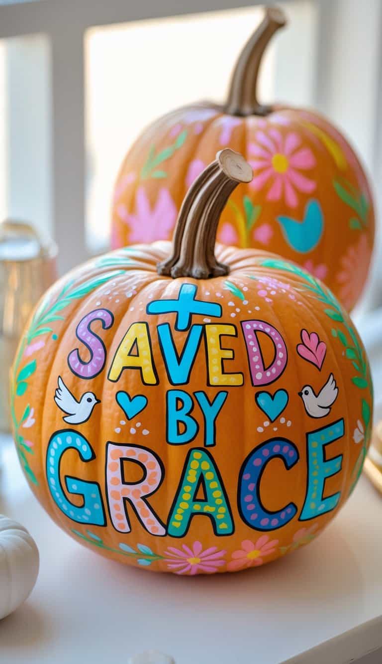 Close-up of one to two brightly painted pumpkins with Christian-themed designs on a clean tabletop.