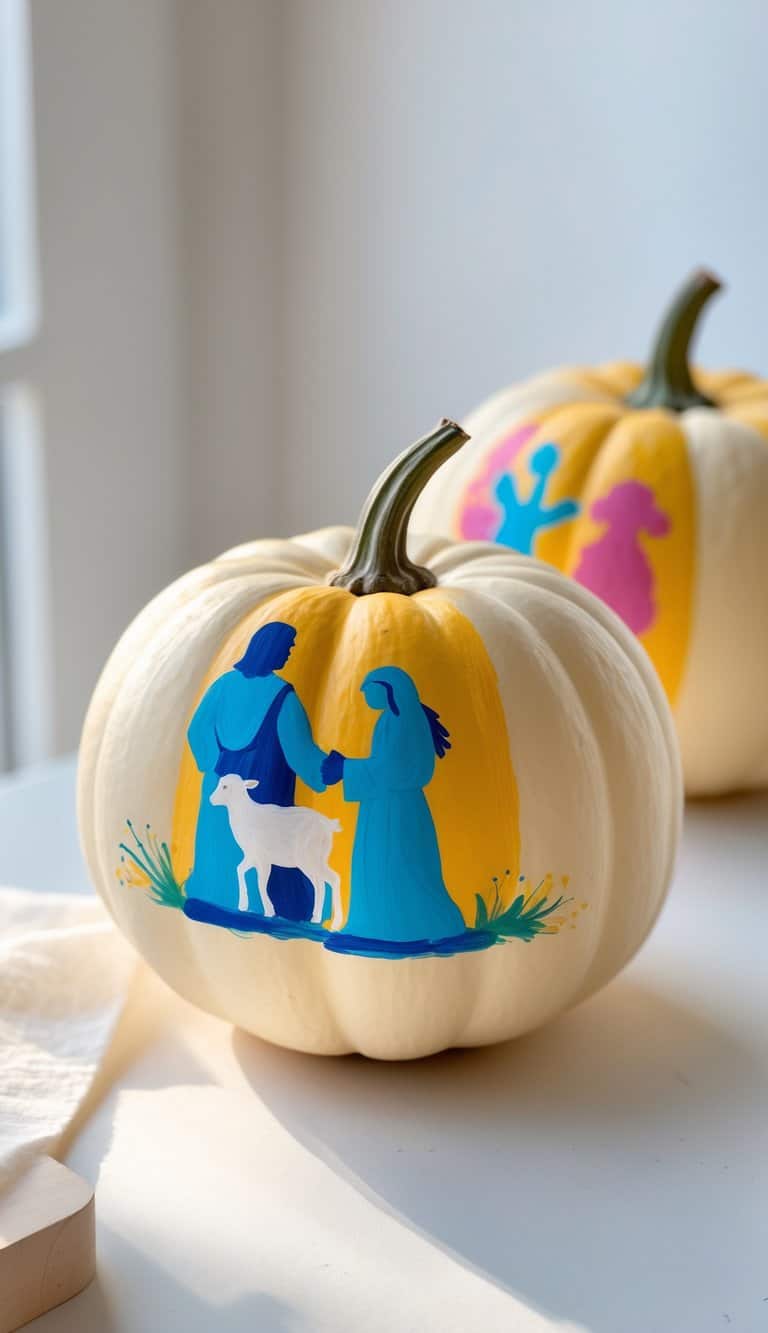 Close-up of one or two small pumpkins painted with a silhouette of a shepherd and lamb on a clean tabletop.