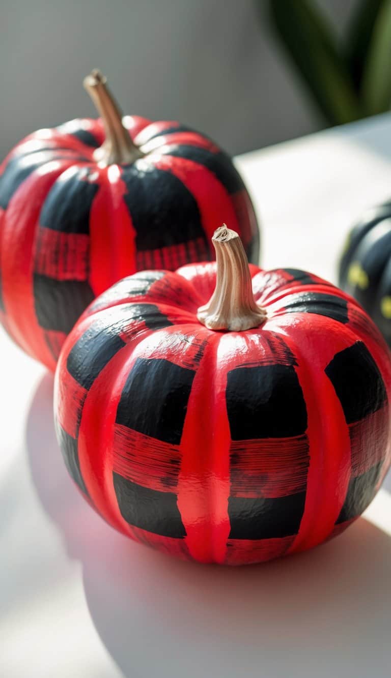 Close-up of one or two pumpkins painted with red and black buffalo check patterns on a clean tabletop.