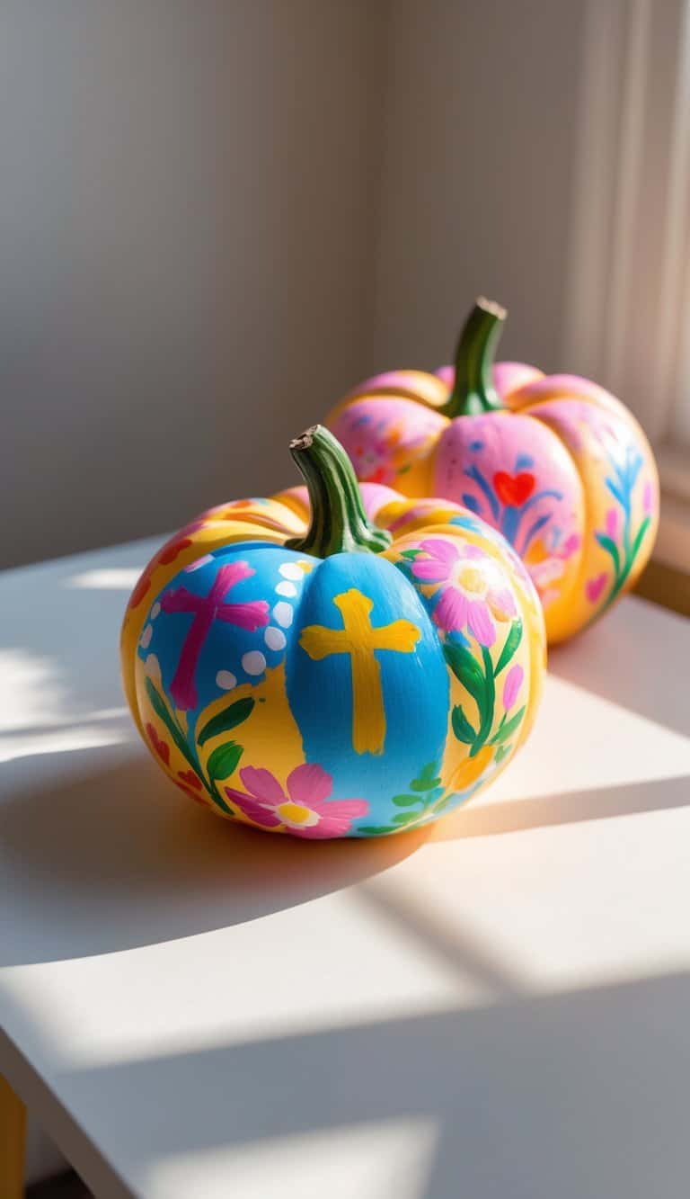 One or two small painted pumpkins with colorful Christian-themed designs on a simple tabletop.