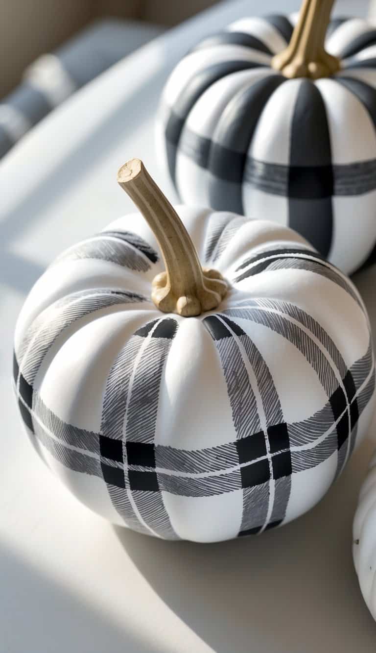 One to two pumpkins painted with a white and gray plaid pattern on a tabletop under soft daylight.