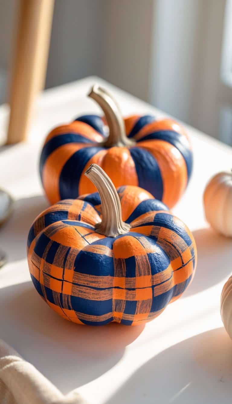 Close-up of one to two pumpkins painted with orange and navy blue plaid patterns on a clean tabletop.