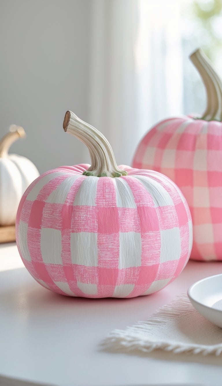 Close-up of one to two pumpkins painted with a pink and white checkered pattern on a clean tabletop under soft daylight.
