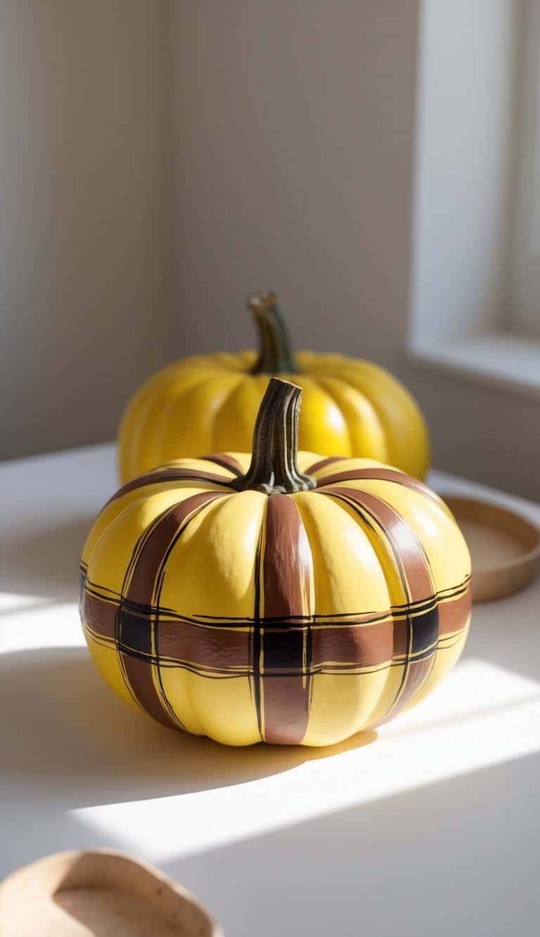 Close-up of one or two pumpkins painted with yellow and brown plaid patterns on a clean tabletop under soft daylight.