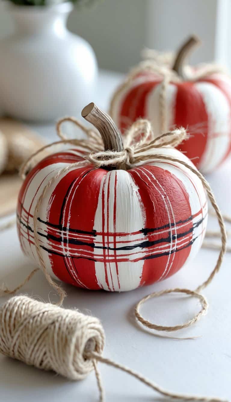 Close-up of one to two painted pumpkins with red and cream plaid patterns and twine accents on a tabletop.