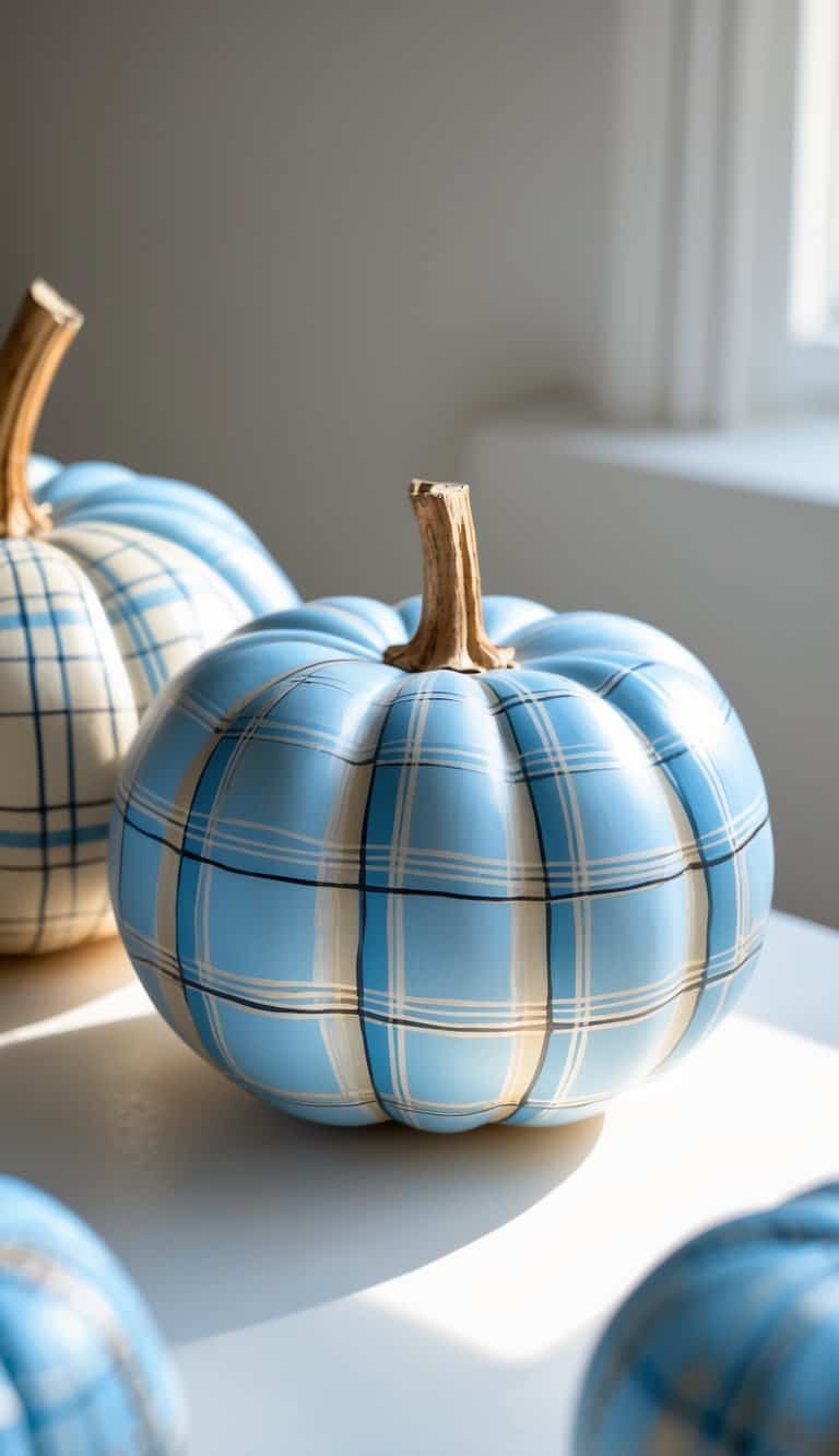 Close-up view of one or two pumpkins painted with a soft blue and beige plaid pattern on a clean tabletop.