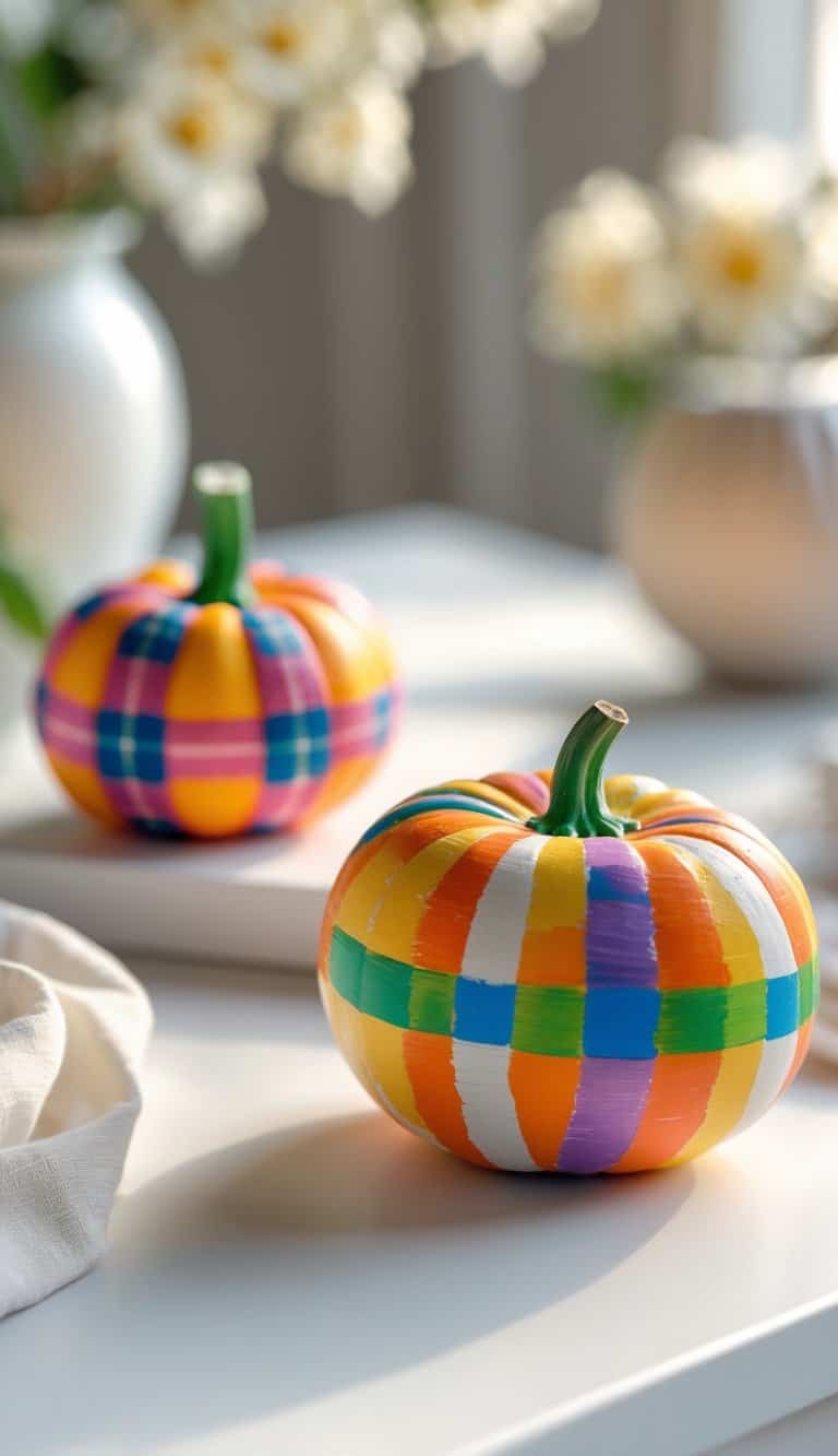 One to two small pumpkins painted with colorful plaid patterns sitting on a clean tabletop.