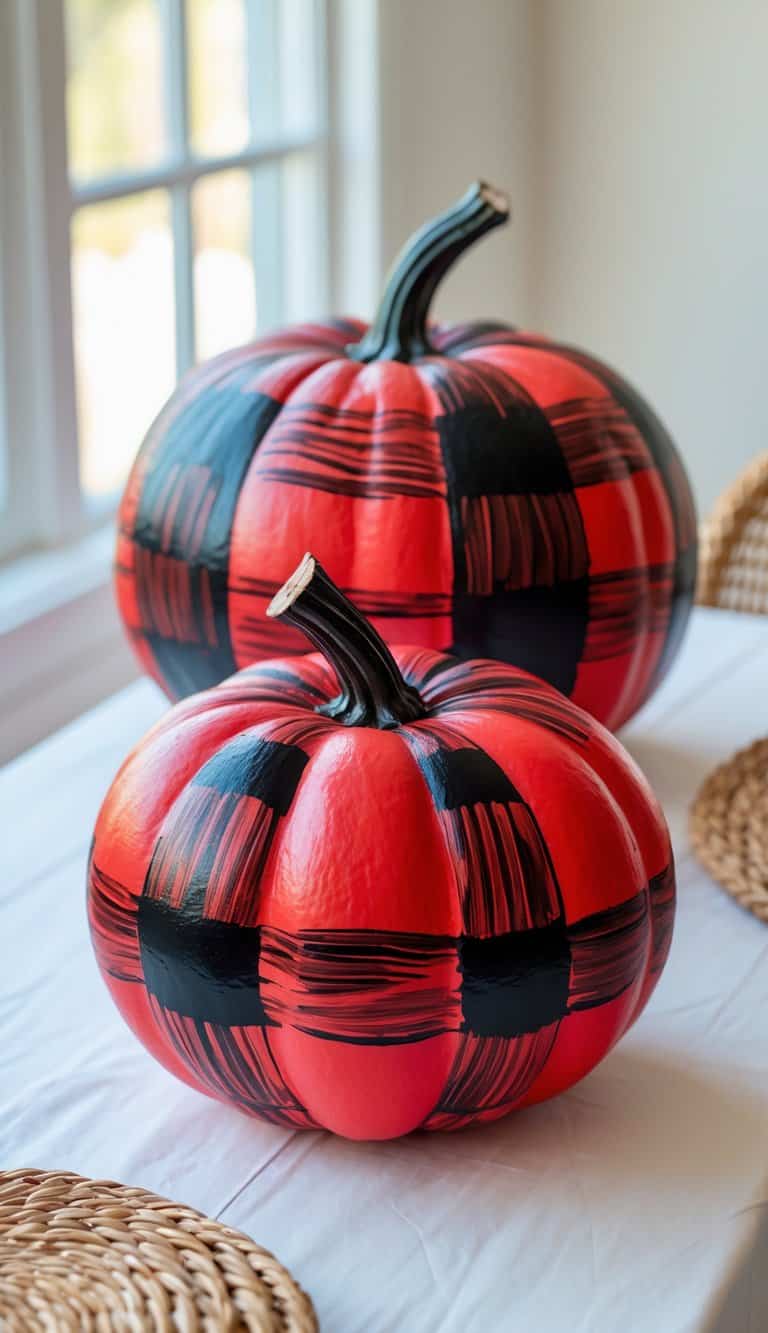 One to two large pumpkins painted with red and black buffalo check patterns on a tabletop under soft daylight.