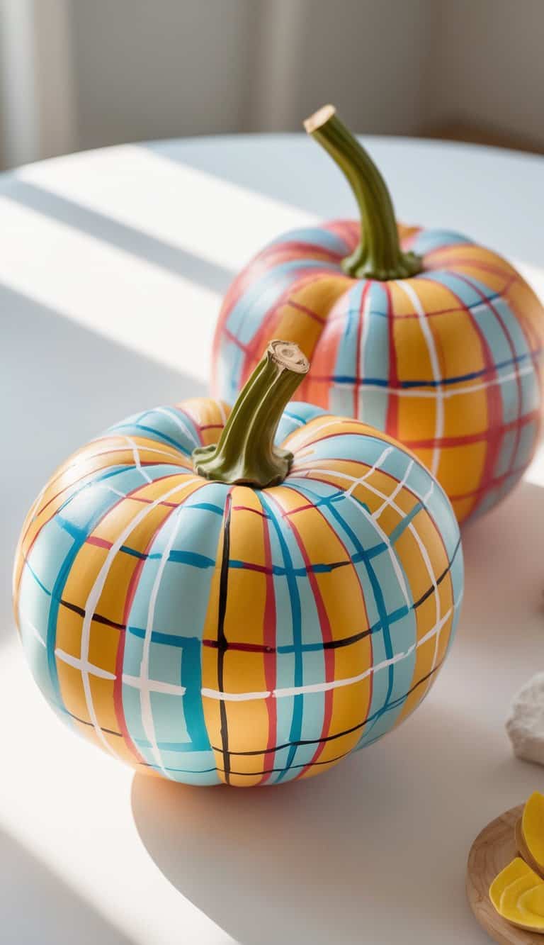 One to two painted pumpkins with curved plaid patterns on a tabletop under soft daylight.