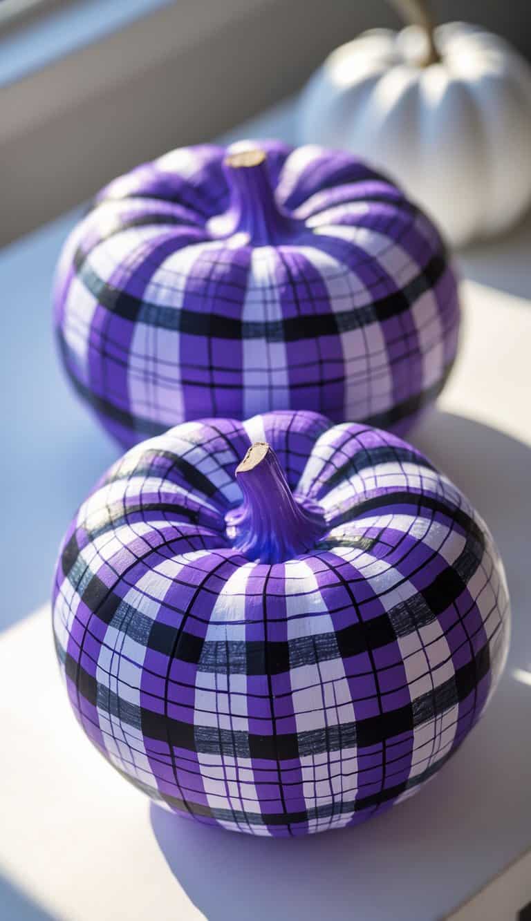 One or two pumpkins painted with a bright purple and blue plaid pattern placed on a clean tabletop under soft daylight.
