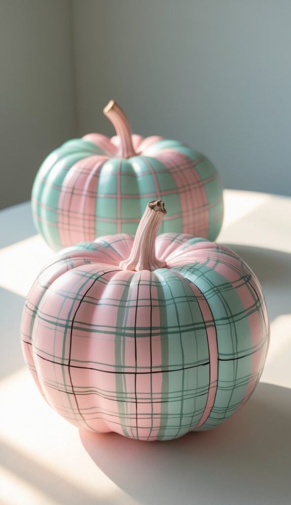Two pumpkins painted with pastel pink and mint green plaid patterns sit on a white surface in natural light.