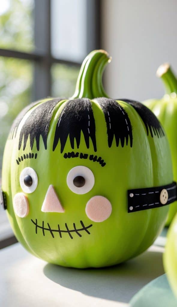 A green pumpkin decorated with black felt hair, googly eyes, a pink felt nose and cheeks, and a stitched mouth to resemble a cartoonish Frankenstein face.