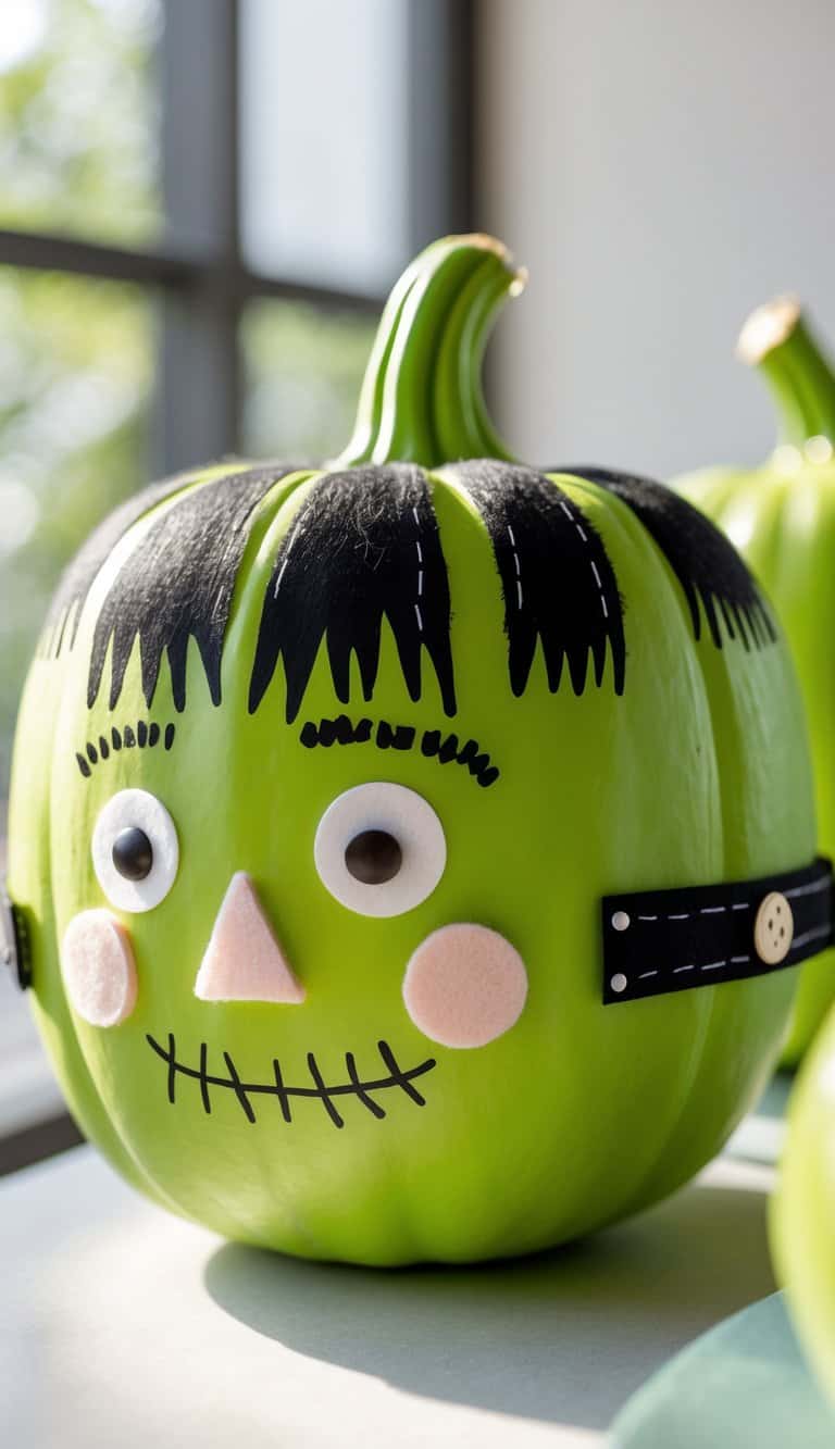 A green pumpkin decorated with black felt hair, googly eyes, a pink felt nose and cheeks, and a stitched mouth to resemble a cartoonish Frankenstein face.