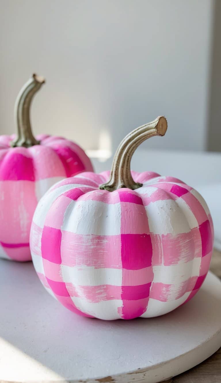 One or two pumpkins painted with pink and white plaid patterns on a clean tabletop.