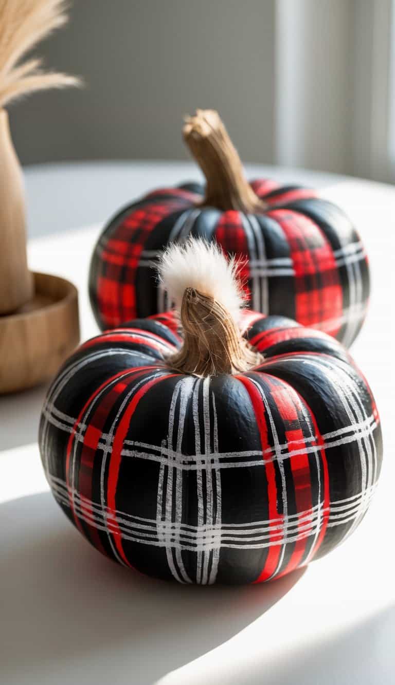 Close-up of one or two pumpkins painted in black and red plaid with soft faux fur stems on a clean tabletop.