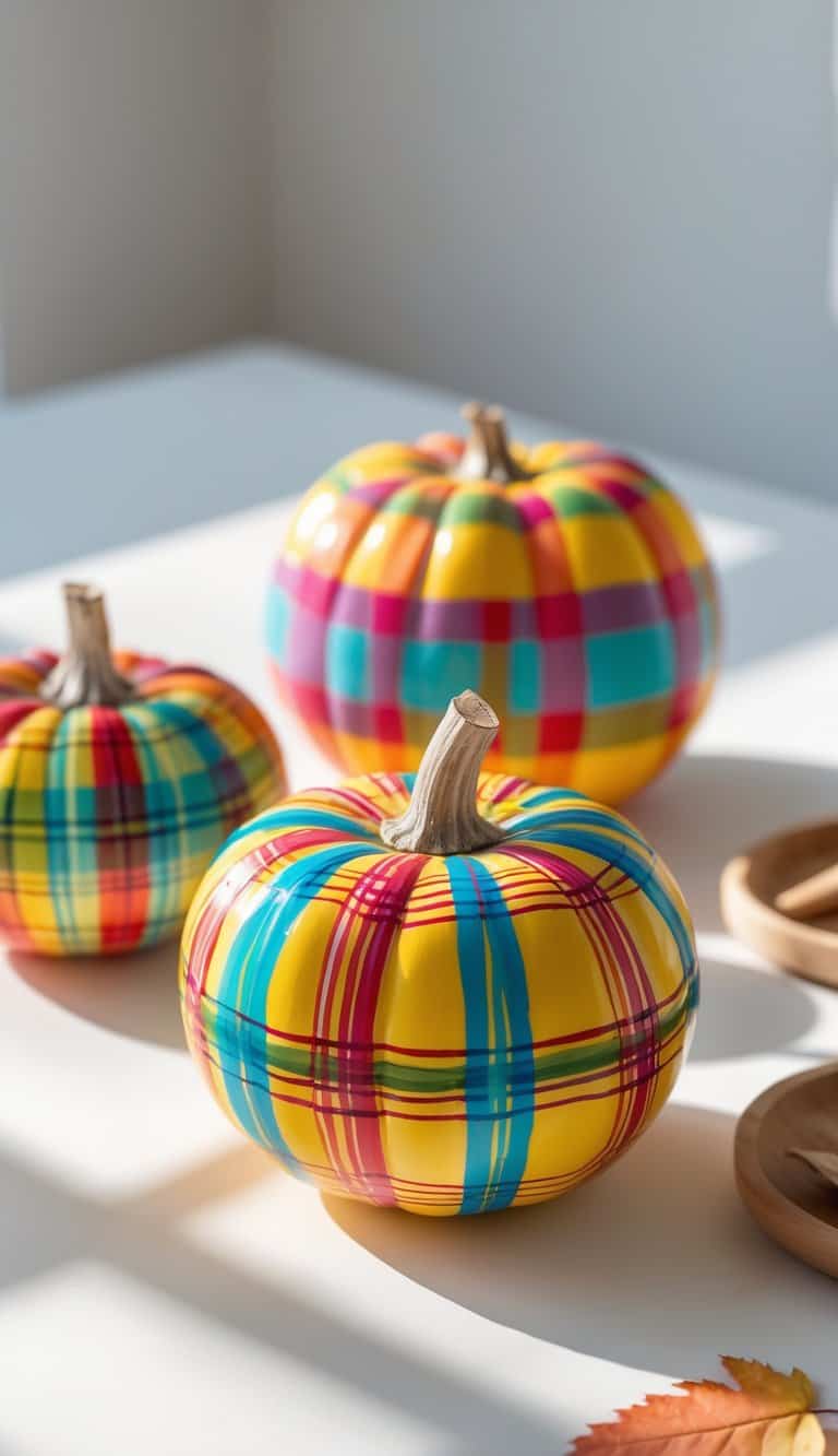 One to two brightly painted plaid pumpkins on a clean tabletop with soft natural light.