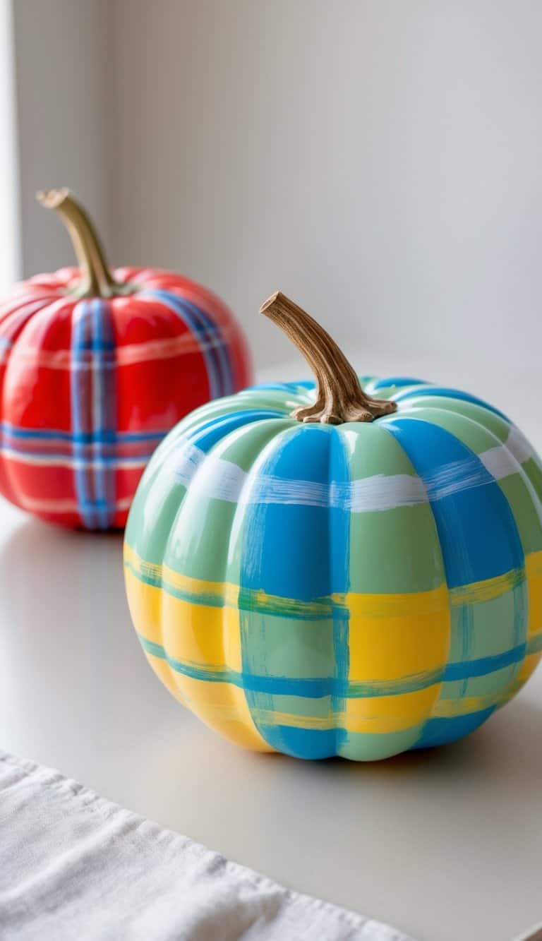 Close-up of one to two pumpkins painted with colorful two-tone plaid patterns on a tabletop.