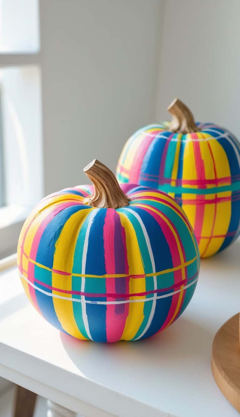 One to two pumpkins painted with colorful striped plaid patterns on a clean tabletop under soft daylight.