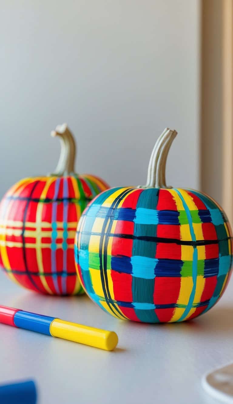 Close-up of one to two pumpkins painted with colorful plaid patterns on a clean tabletop.