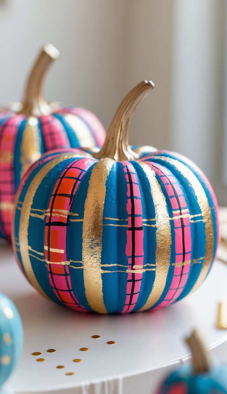 Close-up of one or two painted pumpkins with colorful plaid patterns and gold stripes on a tabletop.