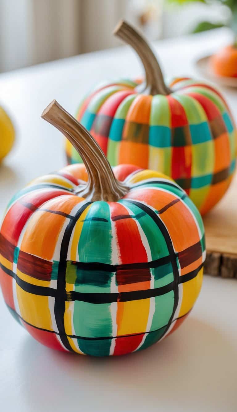 Close-up of one to two painted pumpkins with colorful plaid patterns on a clean tabletop.