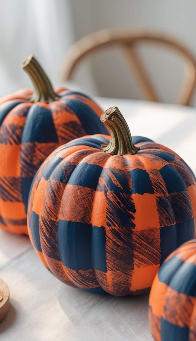 One to two pumpkins painted with rust orange and navy blue plaid patterns on a clean tabletop.