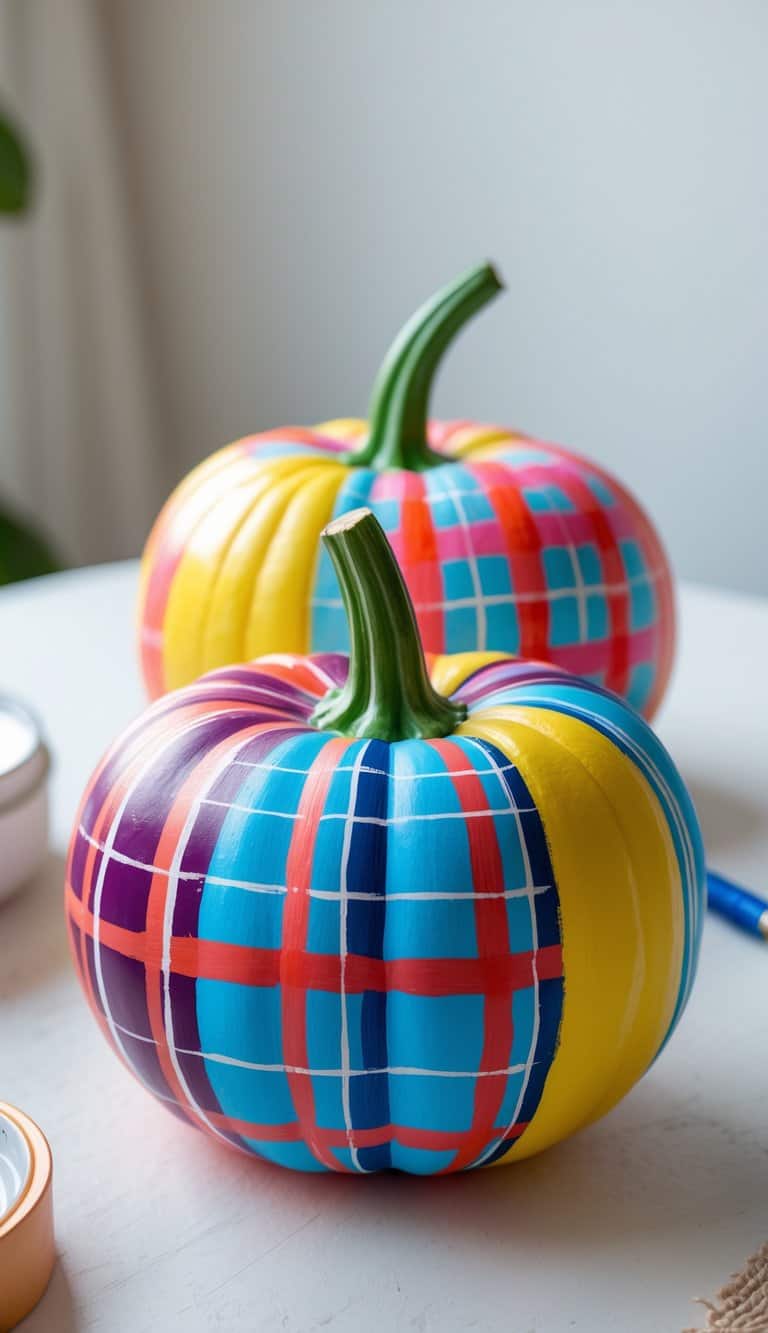One to two pumpkins painted with half plaid and half solid color designs placed on a tabletop with soft daylight.