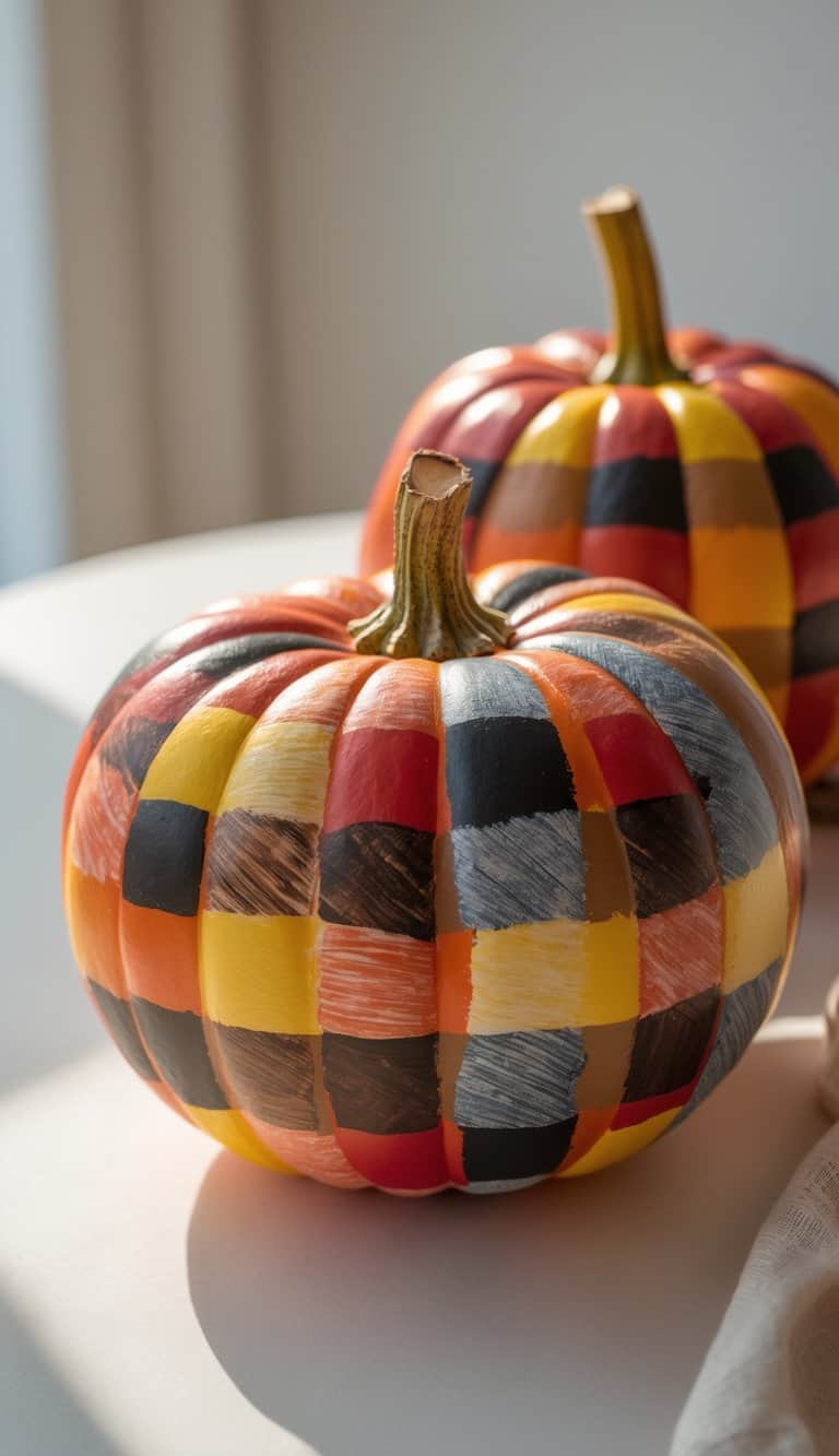 One or two pumpkins painted with plaid and checkerboard patterns in fall colors, placed on a tabletop with soft natural light.