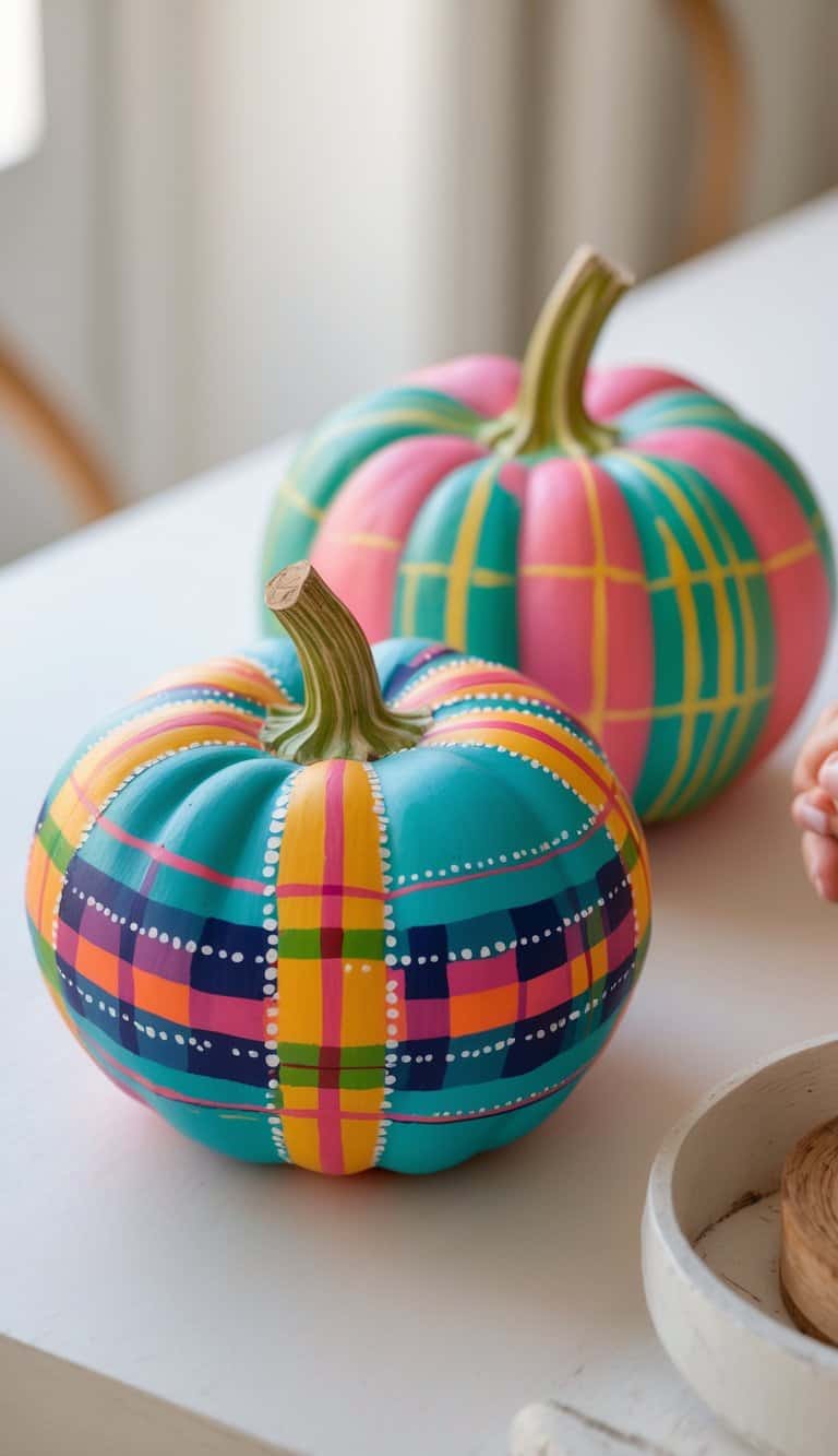 One to two painted pumpkins with colorful plaid patterns and thin pinstripes on a clean tabletop.