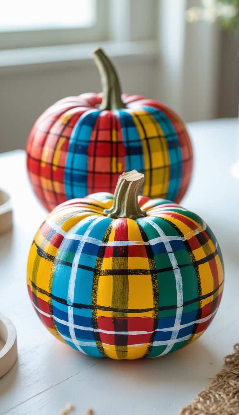 Close-up of one to two painted pumpkins with colorful plaid patterns on a tabletop.