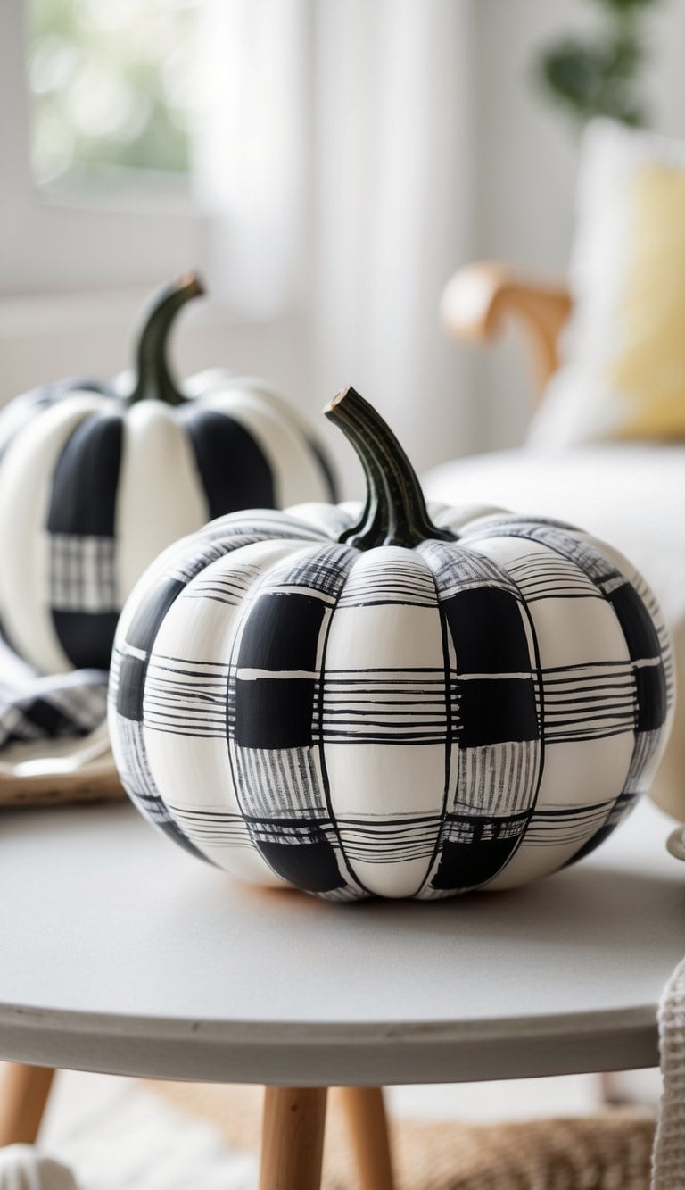 Close-up of one or two pumpkins painted with black and white plaid patterns on a tabletop.