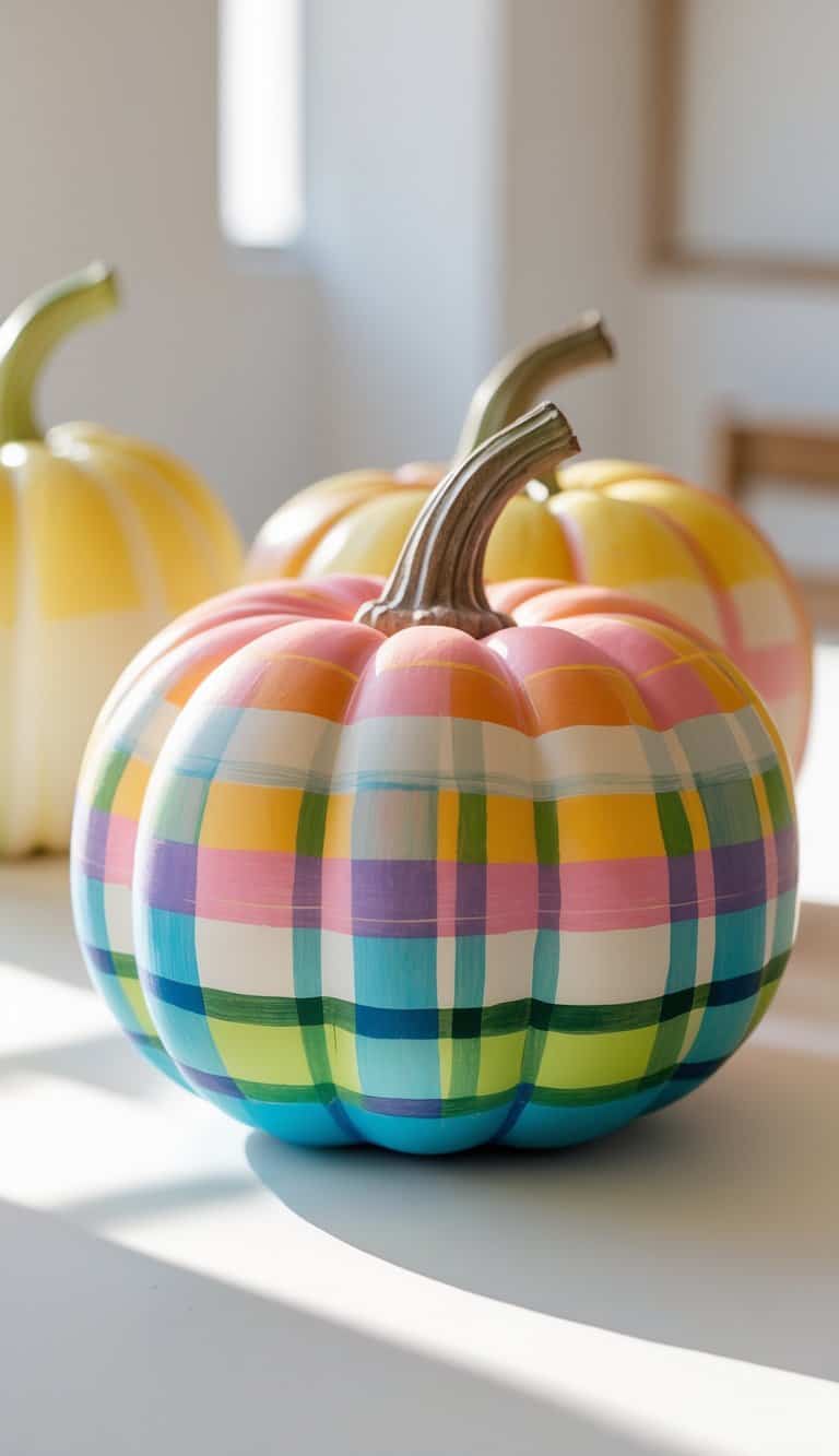 Close-up view of one to two painted pumpkins with colorful plaid patterns and subtle color gradients placed on a clean tabletop.