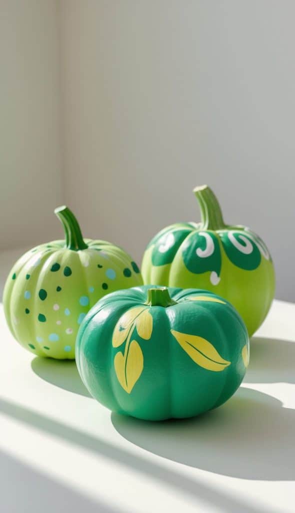 Three green pumpkins decorated with painted patterns and leaves are displayed on a white surface in natural light.