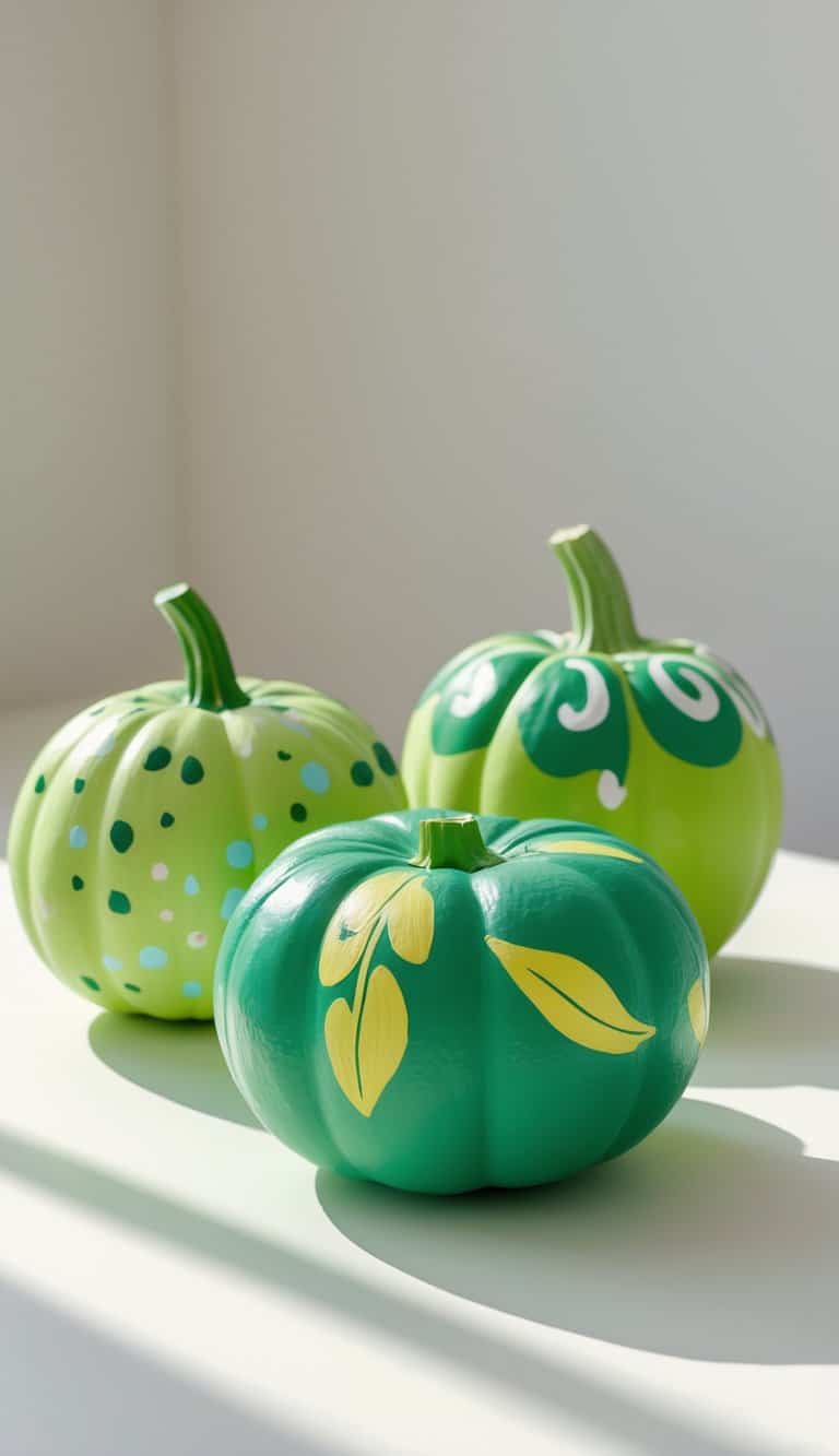 Three green pumpkins decorated with painted patterns and leaves are displayed on a white surface in natural light.