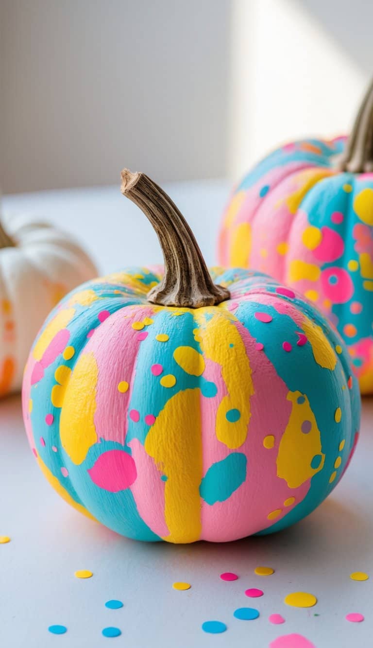 Close-up of one or two small pumpkins painted with colorful confetti patterns on a clean tabletop.