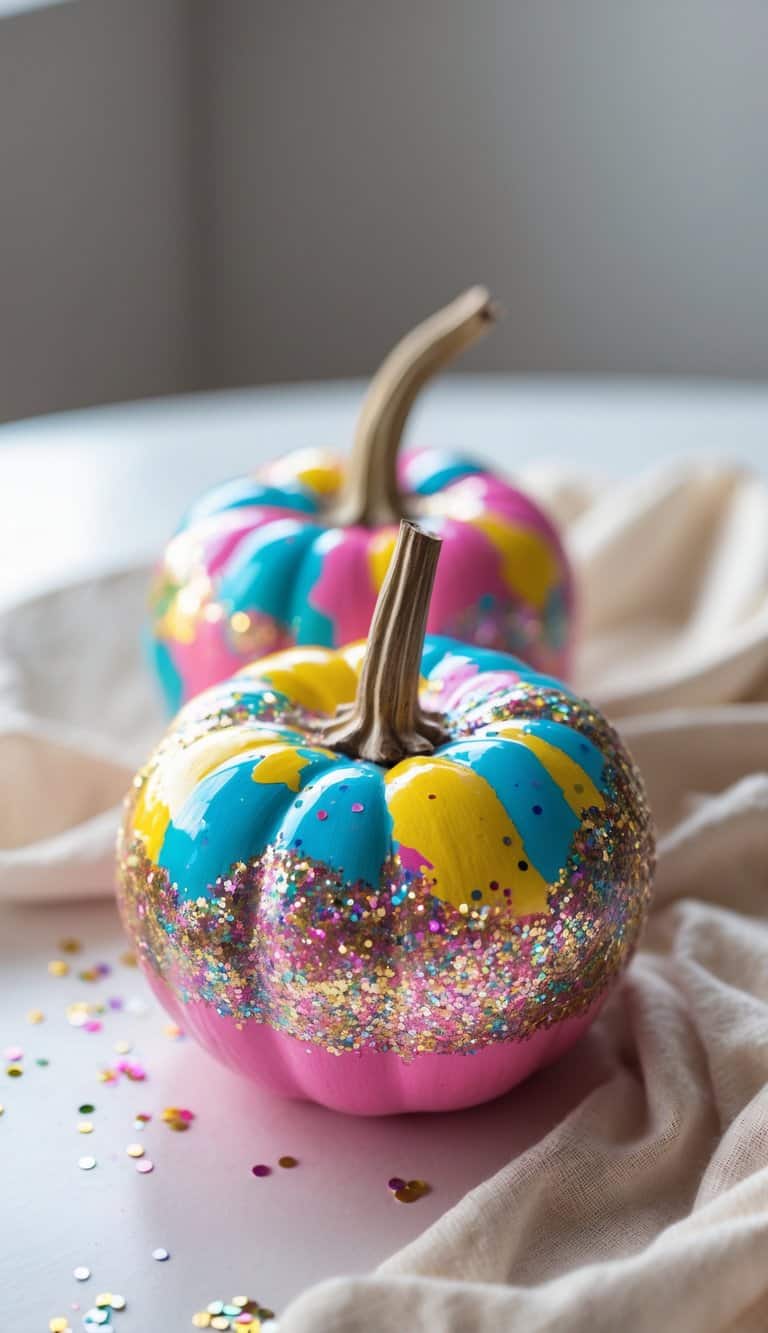 Close-up of one to two small painted pumpkins with glitter confetti on a tabletop.