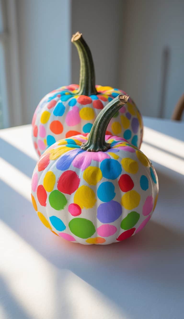 Close-up of one or two pumpkins painted with colorful confetti dots clustered around their stems on a clean tabletop.