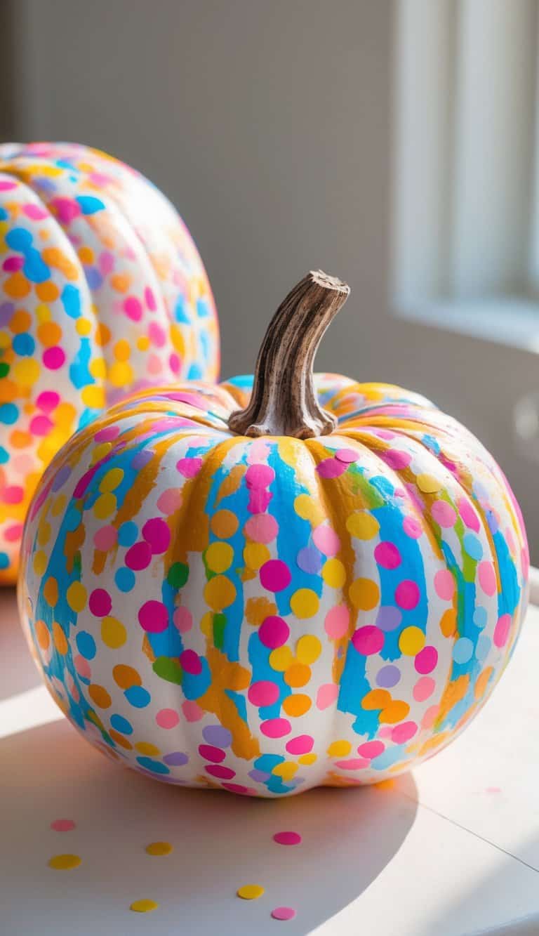 Close-up of one to two pumpkins painted with colorful rainbow confetti dots on a clean tabletop.