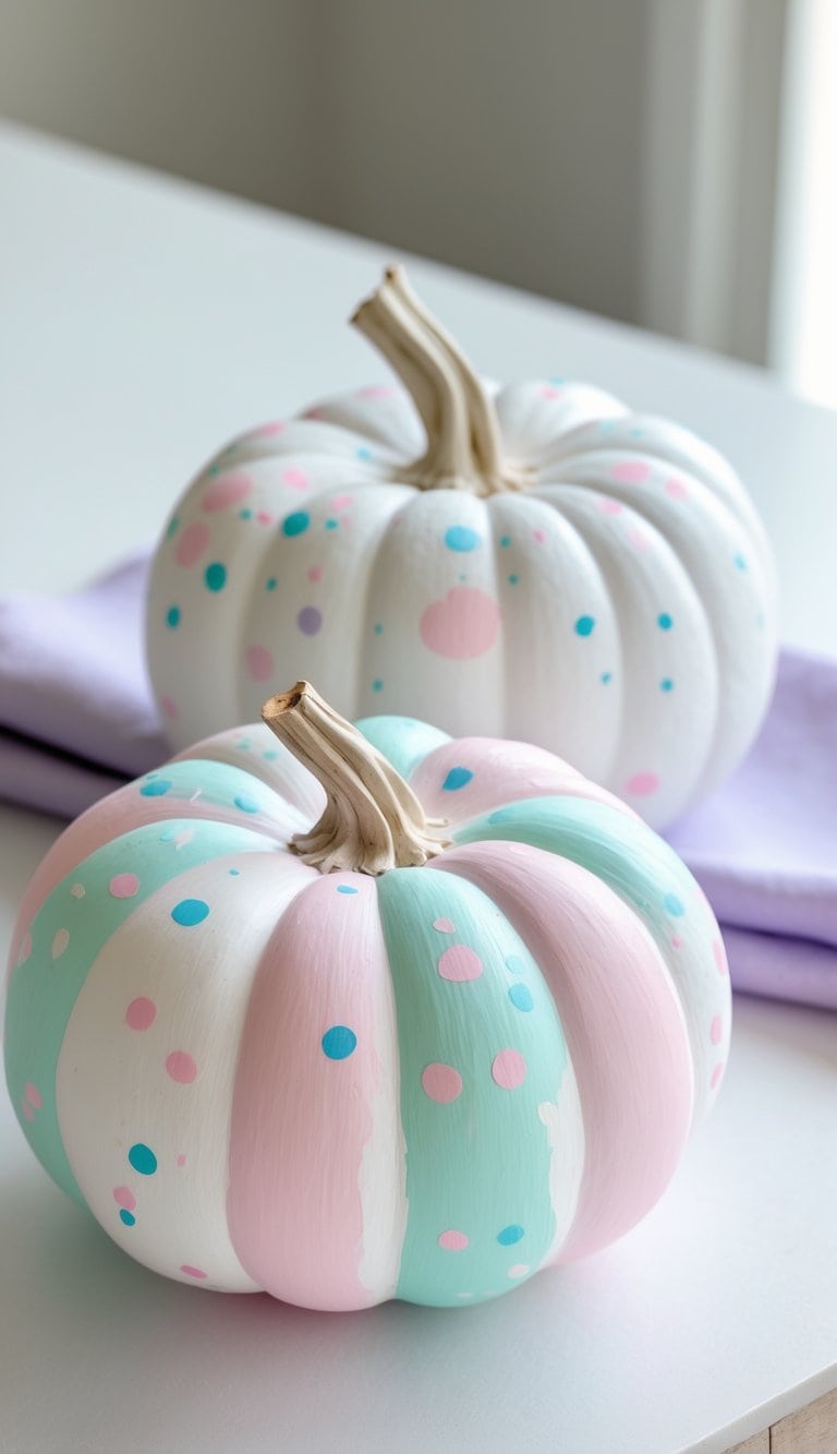 One to two white pumpkins decorated with pastel confetti dots on a clean tabletop.