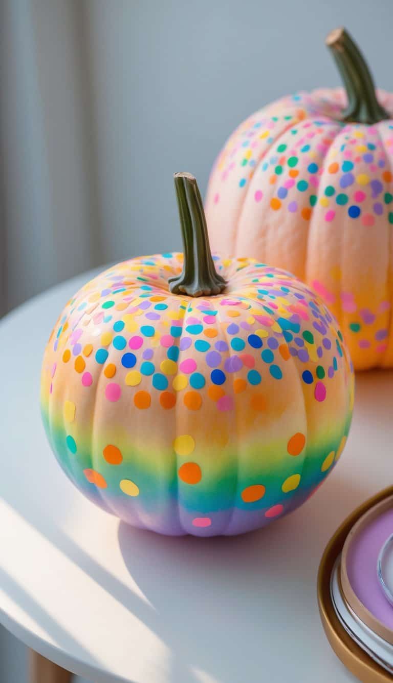 One to two pumpkins painted with colorful confetti dots in a gradient pattern, placed on a simple tabletop in natural light.